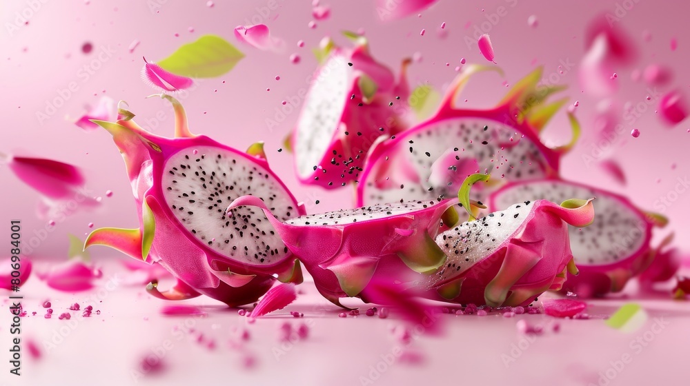 Fototapeta premium Creative visualization poster with dragon fruit pieces defying gravity, set against a clean, uncluttered background for a dramatic effect