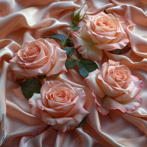 Pink roses and pink rose petals on soft silk. 