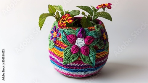 A colorful knitted plant pot cover with a floral design, highlighted on a white background.