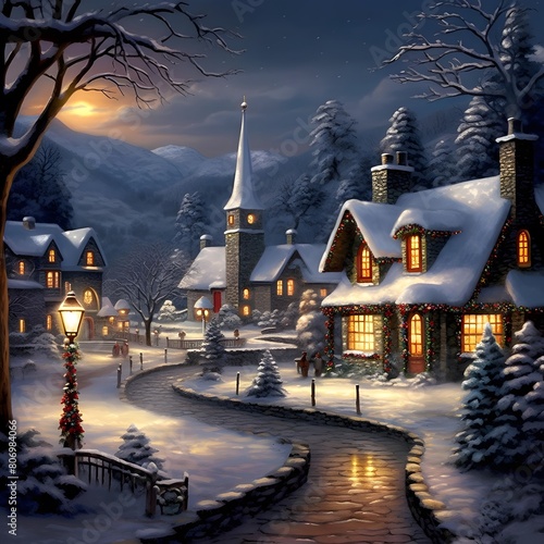 Winter night in the village. 3d rendering, 3d illustration. © Michelle