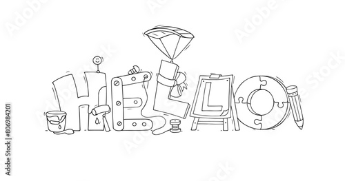 Cartoon word Hello. Doodle cute miniature scene of workers big letters. Hand drawn vector illustration for business and friendship design.