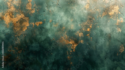 An abstract artistic background with retro, nostalgic, golden brushstrokes. Textured background in oil on canvas. Modern Art with geometric, green, gray colors. Could be wallpaper, poster, card,