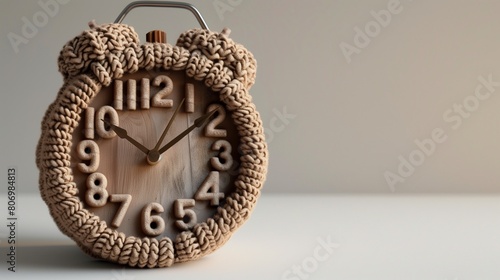 Hand-knitted clock with clearly defined numbers and hands, shown on a white background.