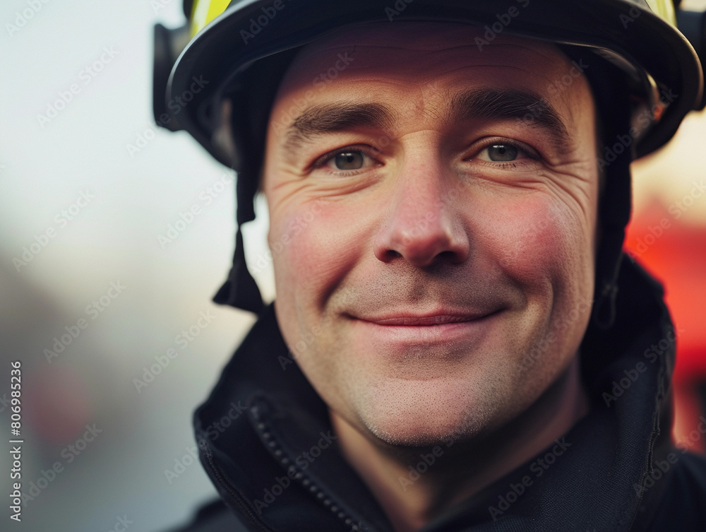 Confident Smiling Firefighter in Helmet Confident Smiling Firefighter in Helmet