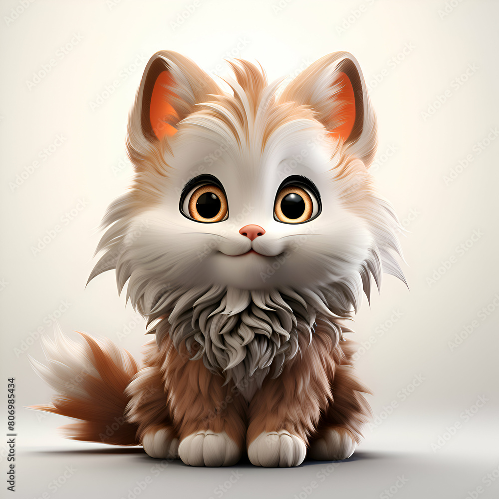 Cute fluffy cat sitting on white background. 3D rendering. Cute fluffy cat sitting on white background. 3D rendering.