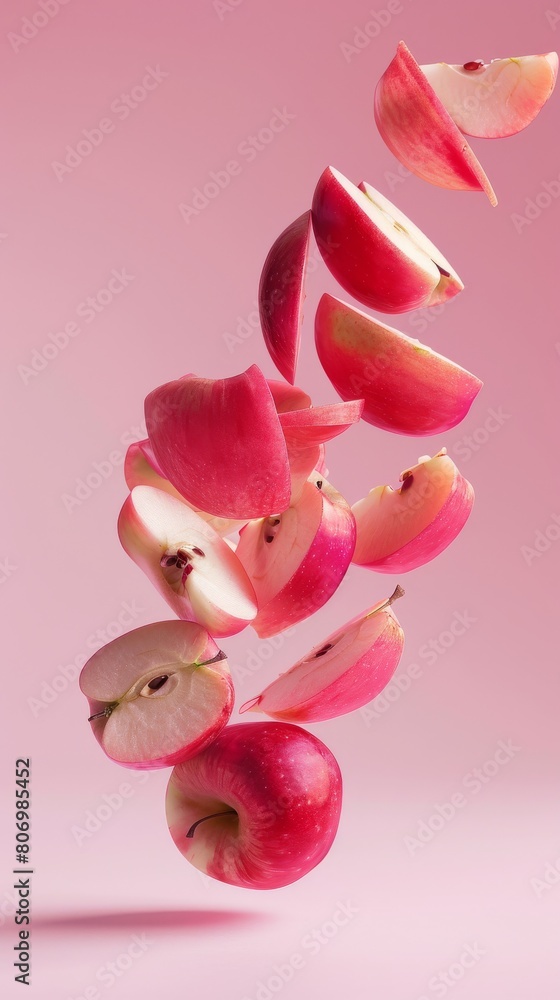 Conceptual art poster depicting rose apple segments in a levitating, orderly fashion with a crisp, minimalist background to focus on their unique shape