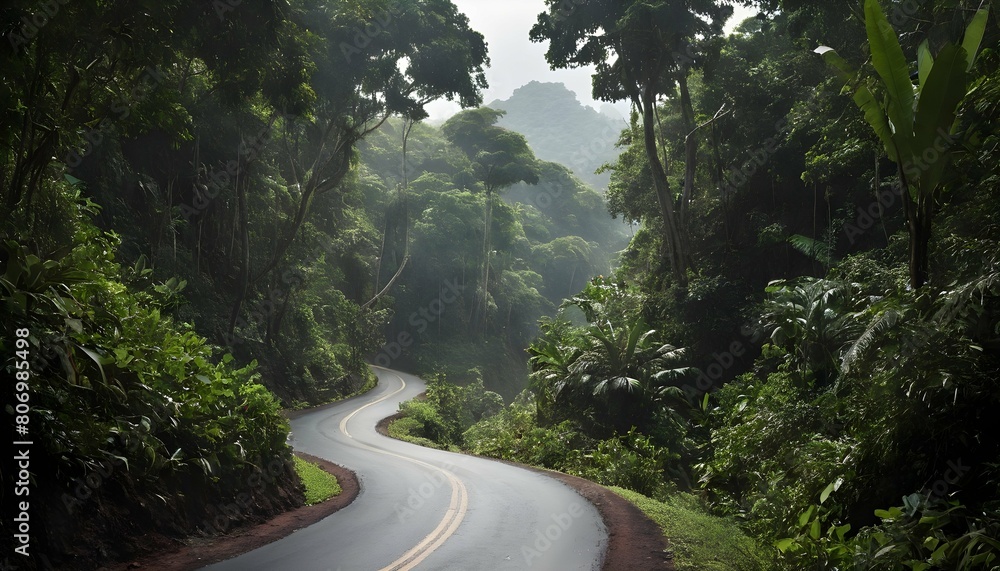 A rugged road snaking through a dense tropical for