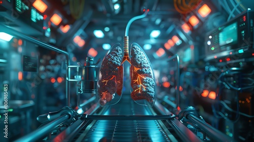 A pair of lungs sit on a conveyor belt in a futuristic laboratory. The lungs are being scanned by a machine. photo