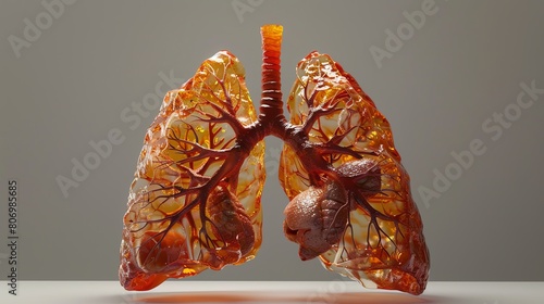 3D rendering of a pair of healthy human lungs. The lungs are made of a transparent material, so that the viewer can see the intricate network of airways and blood vessels inside.