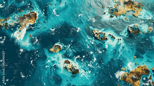 Art-inspired abstract map  paint splatters depicting turbulent waters  with shapes suggesting islands and marine structures.