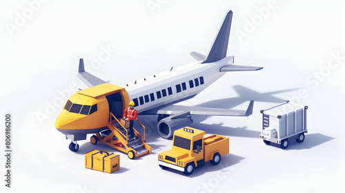 Isometric 3D Flat Icon: Baggage Handler Loading Luggage for Efficient Travel by Ground Crew at Aircraft Concept Illustration