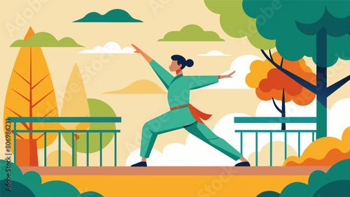 A persons movements on a balcony seem to mimic the gentle swaying of the nearby trees as they practice the ancient art of Tai Chi.. Vector illustration