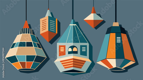 A set of decorative paper lamps crafted from old newspapers and magazines.. Vector illustration