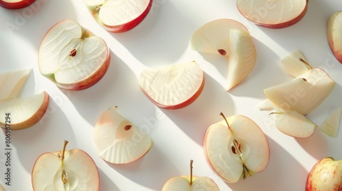 Artistic poster with apple slices levitating, arranged in an elegant pattern, highlighted by expansive negative space for a minimalist look photo