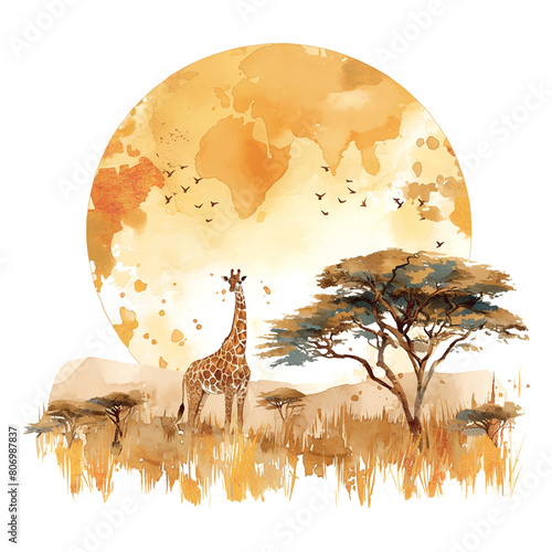 Picturesque Africa giraffe stands in the middle of a field with a large orange sun in the background. The scene is peaceful and serene, with the giraffe being the focal point of the image