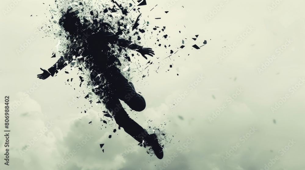Artistic poster depicting a silhouette of a foreigner composed of cutout pieces, levitating against a stark, expansive negative space Artistic poster depicting a silhouette of a foreigner composed of cutout pieces, levitating against a stark, expansive negative space
