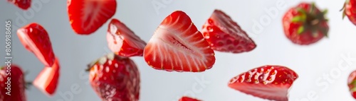 Abstract representation of strawberry pieces cut and floating freely, utilizing negative space to enhance the fruits vivid color and unique shape photo