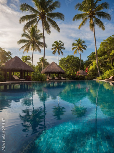 Experience coastal bliss, at a beachfront resort's swimming pool, set against a backdrop of lush tropical landscapes, where luxury meets the serenity of the sea. 