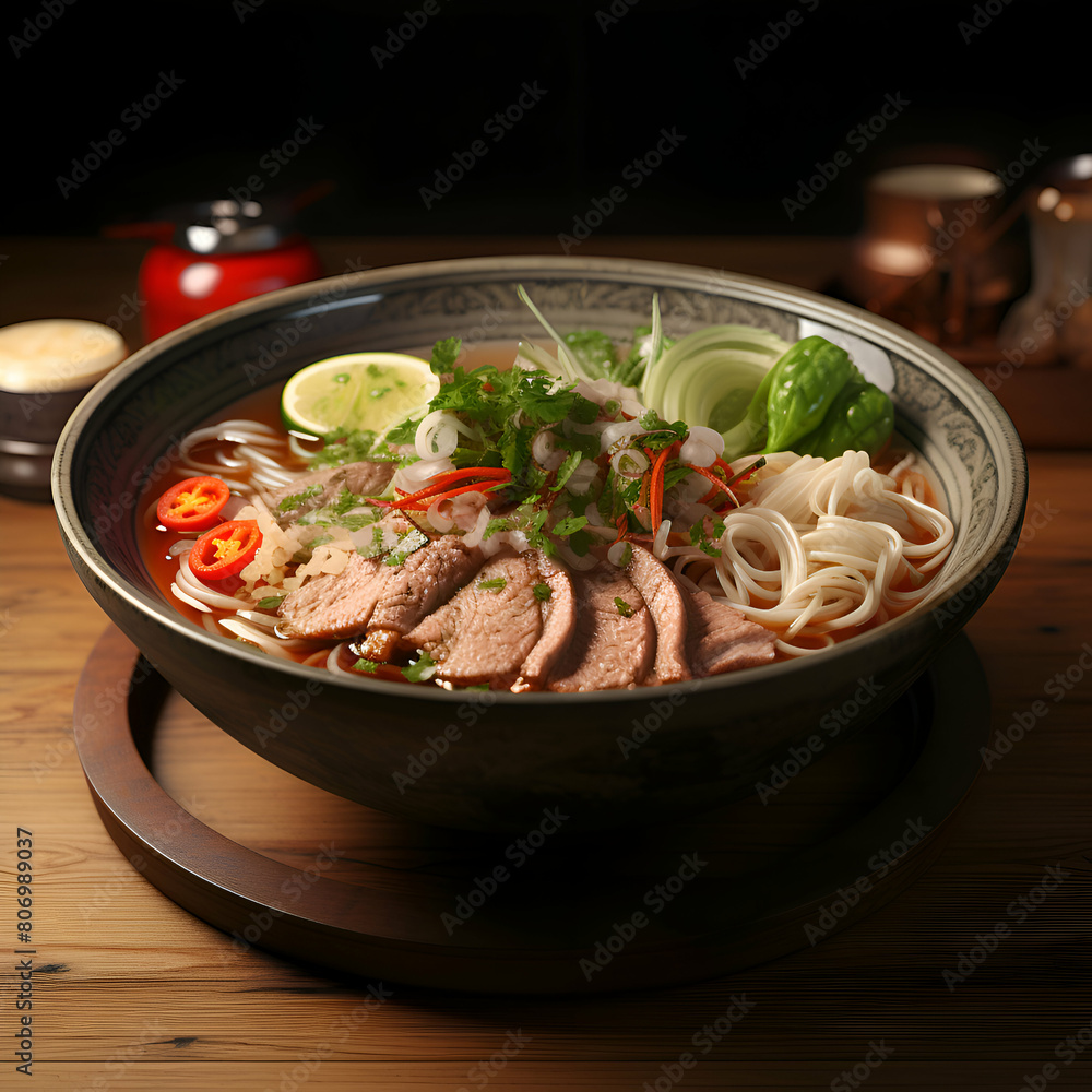 japanese style noodle soup with pork and vegetable in bowl