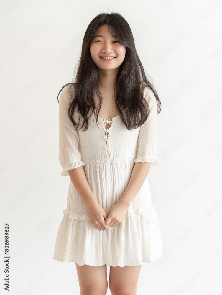 A young Asian woman with long dark hair stands against a white background. A young Asian woman with long dark hair stands against a white background.