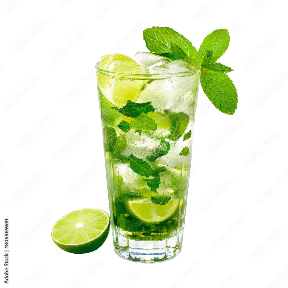 Iced Mojito Cocktail with Fresh Lime and Mint on transparent Iced Mojito Cocktail with Fresh Lime and Mint on transparent