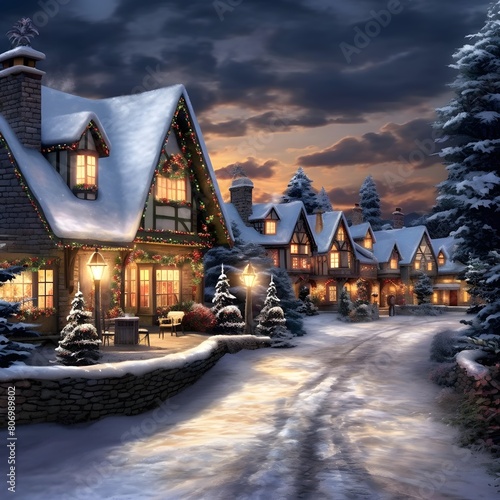 Christmas night in the village. Christmas and New Year holidays concept.