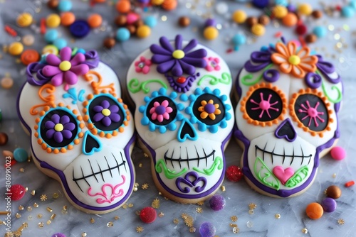 Colorful sugar skull cookies artfully decorated with bright icing and floral patterns, set against a festive background.