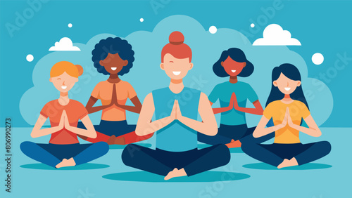 A group of strangers forming a silent bond as they come together in their yoga practice during the marathon their individual differences fading away.. Vector illustration