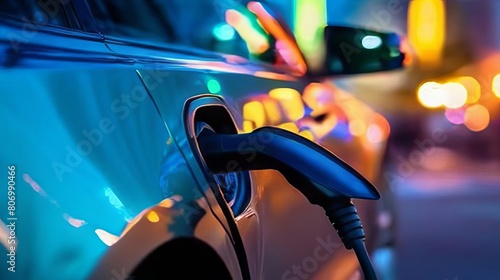an electric car is charging from the network against the backdrop of beautiful bright lights