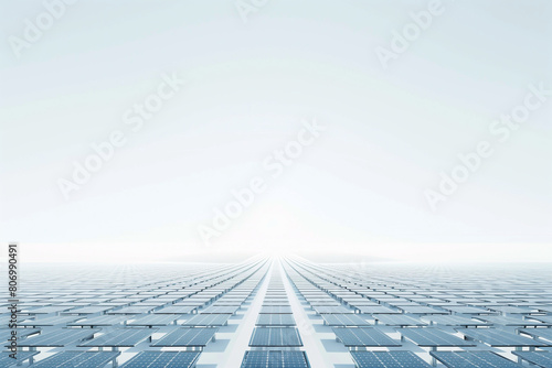 3D rendering of a photovoltaic power station with rows of solar panels neatly arranged against a pristine white backdrop  emphasizing clean energy technology.