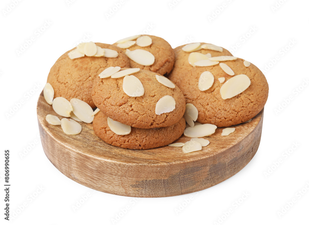 Cookies with fresh almond flakes isolated on white