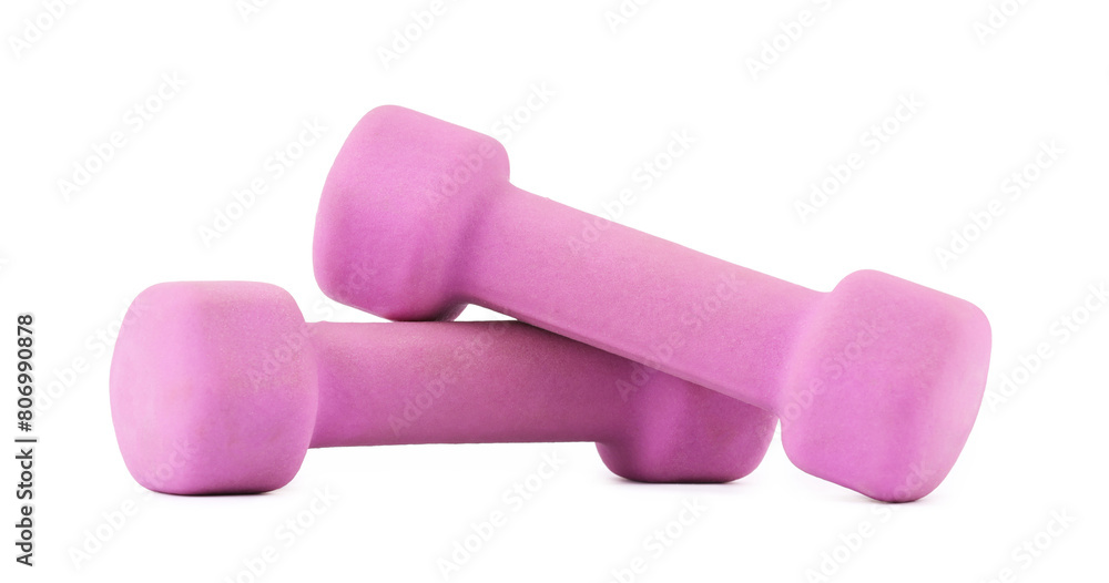 Pink dumbbells isolated on white. Sports equipment Pink dumbbells isolated on white. Sports equipment