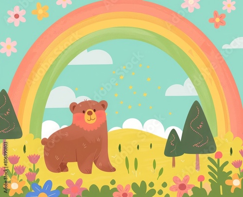cartoon bear on a rainbow background.
