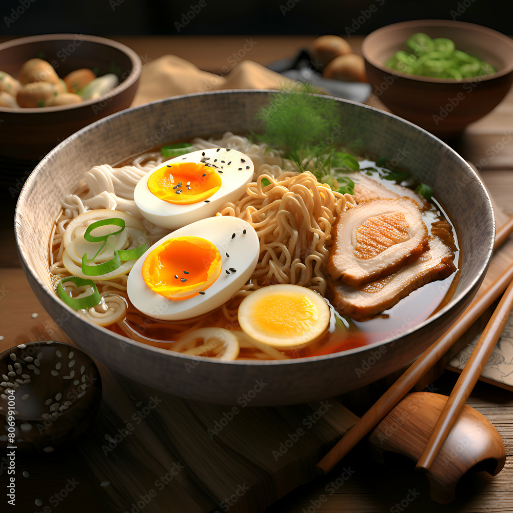 Japanese ramen noodle soup with egg in bowl on wooden table Japanese ramen noodle soup with egg in bowl on wooden table
