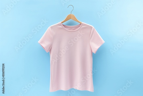 A light white t-shirt set against a backdrop of soft sky blue, perfect for showcasing feminine curves and igniting creative sparks in t-shirt marketing endeavors.