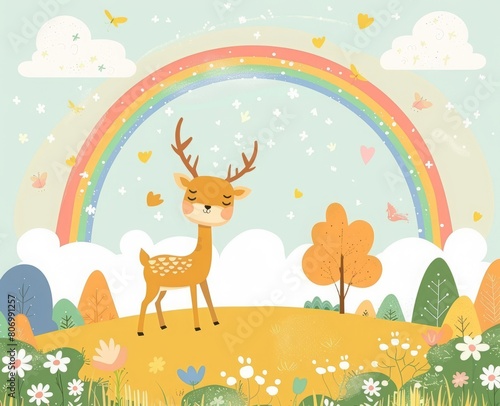 cartoon deer on a rainbow background.
