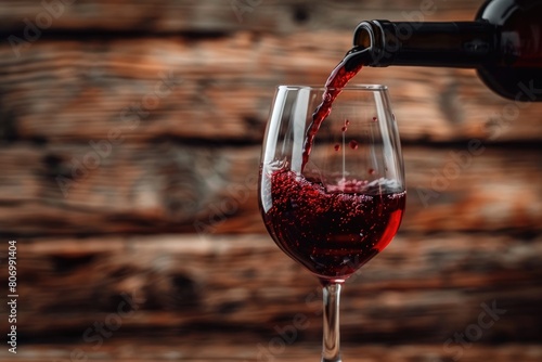 Pouring red wine into the glass against rustic background. Pour alcohol  winery concept.
