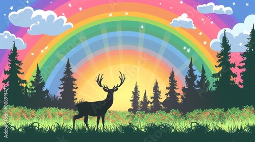 cartoon deer on a rainbow background.