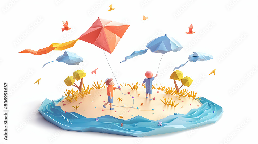 Isometric 3D Flat Icons: Family Kite Flying at Beach, Breezy Day of Togetherness and Fun