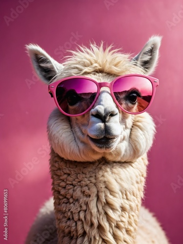 Experience the delightful whimsy of a lama alpaca wearing chic pink sunglasses against a lively pink backdrop, exuding charm and personality in every detail.