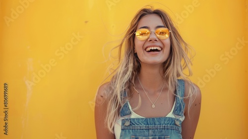 Woman Wearing Yellow Sunglasses in Front of Yellow Wall