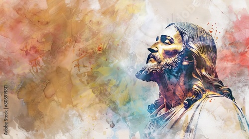 jesus christ in worshipful pose abstract watercolor background with ample copy space spiritual digital artwork photo