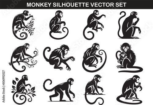 Monkey Silhouette Vector Illustration Set