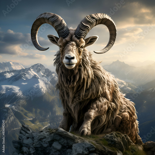 Mouflon on the top of a mountain. 3d render