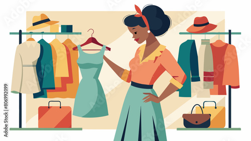A vintageloving thrift store fashion blogger browsing through racks of retro clothing seeking out unique and oneofakind pieces to add to her. Vector illustration