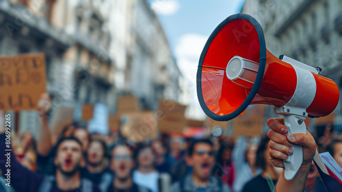 Person Holding Red and White Megaphone in Front of Crowd