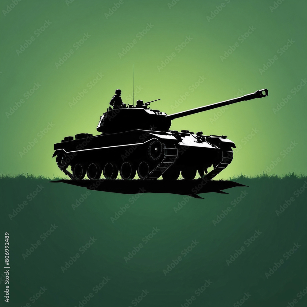 Silhouette of Military Tank and Soldier Against Green Background