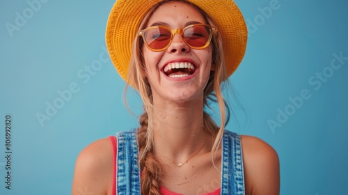Woman Wearing Yellow Sunglasses in Front of Yellow Wall
