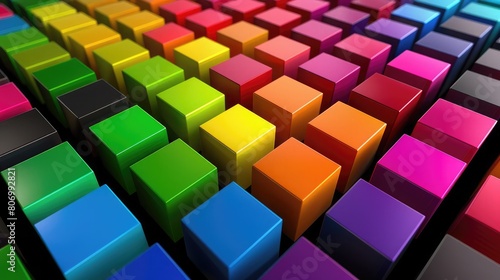 Colorful cubes in rainbow hues against a black block background  creating a striking visual pop.