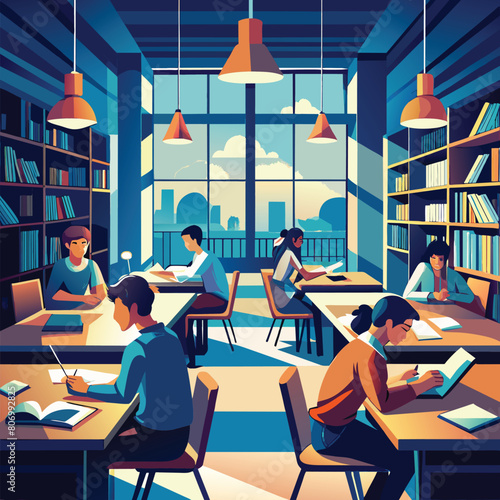 studying in library flat vector design